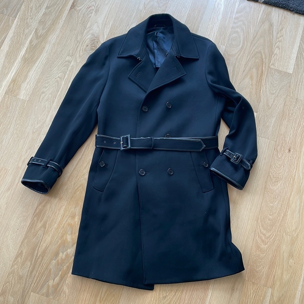 John Varvatos Black Trench Coat - Wool & Leather - EUC - sz 42 / L US